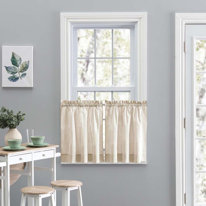 Ellis Curtain Plaza Classic Ticking Stripe Printed 1.5" Rod Pocket Tailored Tiers Tan