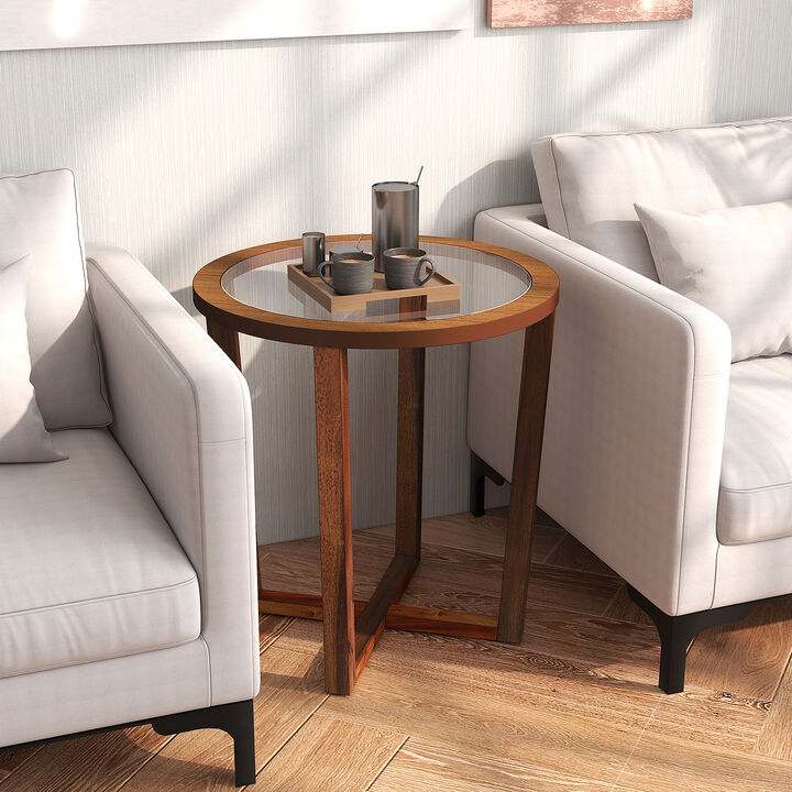 Modern Round End Table Sofa Side Table with Transparent Tempered Glass Top