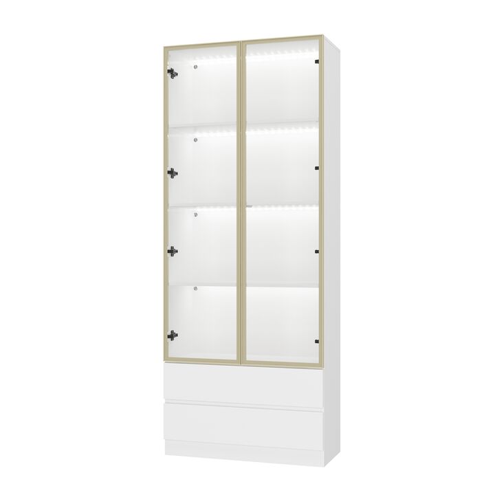 FUFU&GAGA Glass Display Cabinet with Adjustable Shelves and Drawers for Liquor and Collectibles (31.5" W x 14.2" D x 78.7" H) White