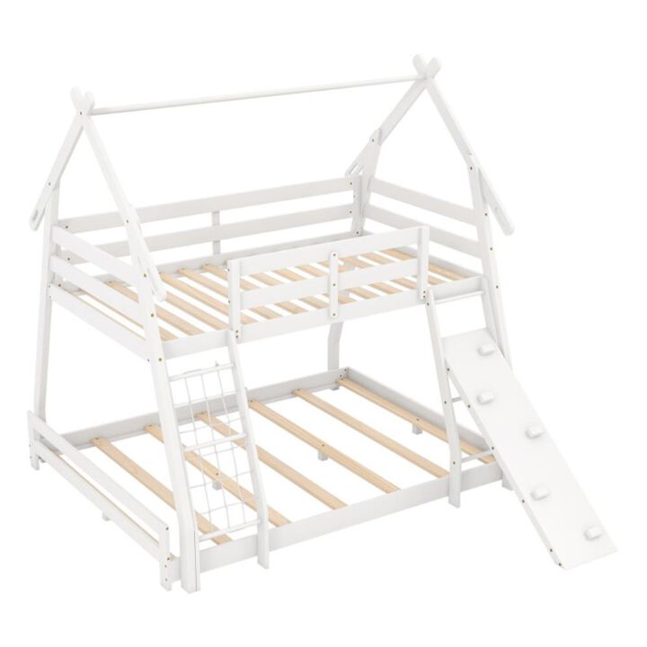 Hivvago Twin Over Queen Bunk Bed Wooden Kids Bed with Climbing Nets and Ramp