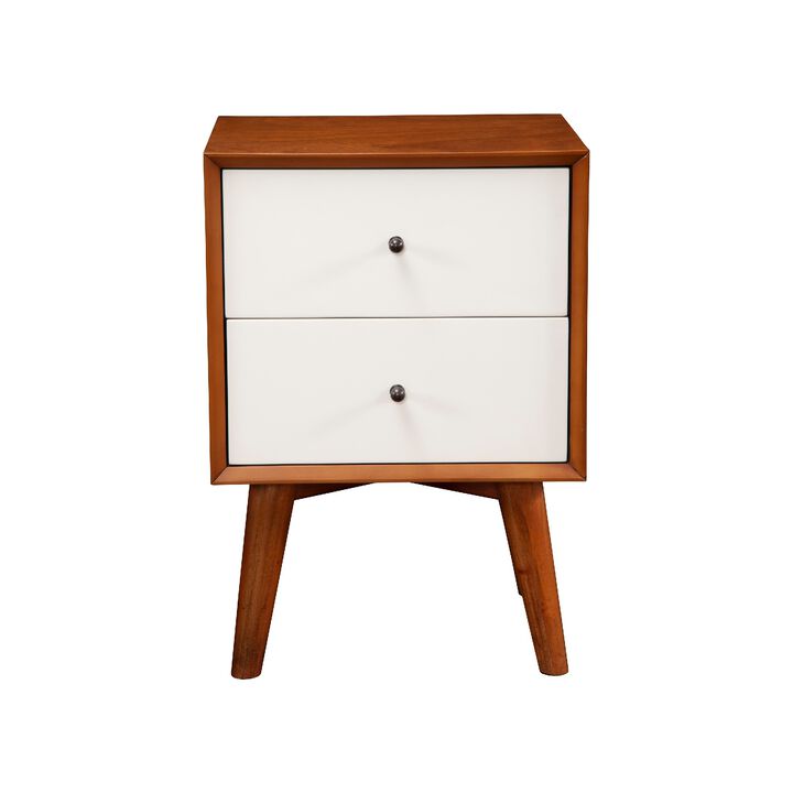 Stylish Wooden Nightstand With Two Drawers and Flared Legs, Brown and White-Benzara