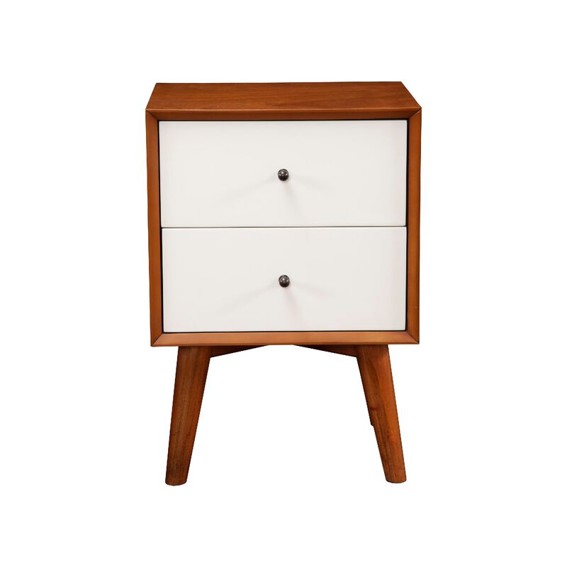 Stylish Wooden Nightstand With Two Drawers and Flared Legs, Brown and White-Benzara