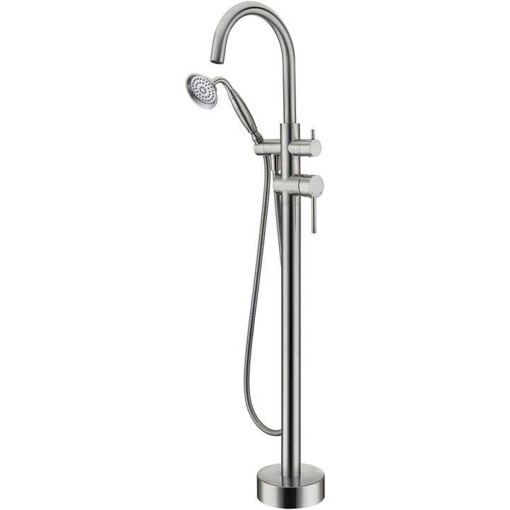 Freestanding Tub Filler Bathtub Faucet Brushed Nickel With Hand Held Shower Floor-Mount