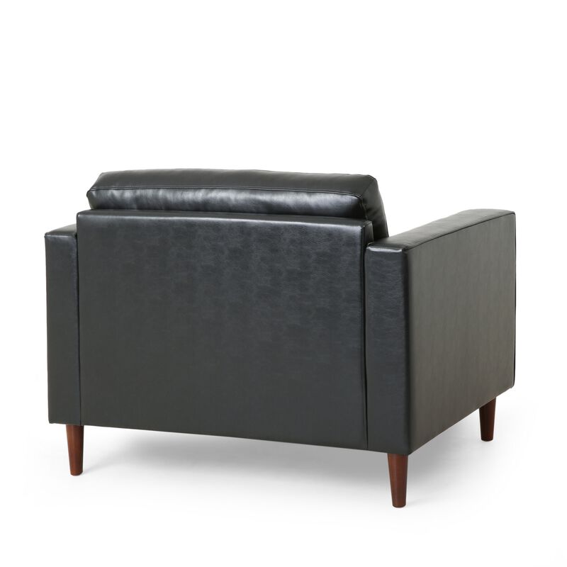 Accent Club Chair, 45 Inch Padded Seat, Birch Wood Legs, Black Faux Leather