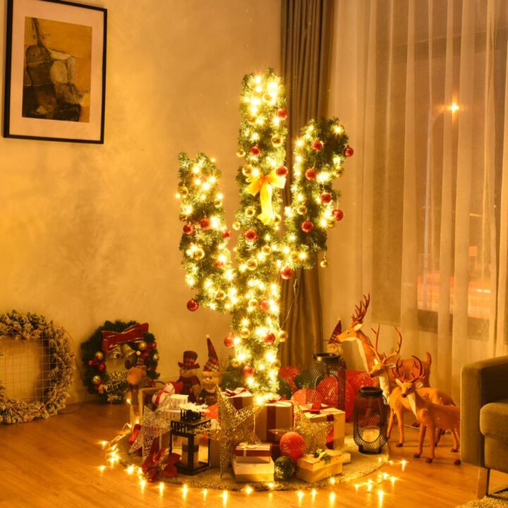 Hivvago 5/6/7 Feet Artificial Cactus PVC Christmas Tree with LED Lights and Ball Ornaments