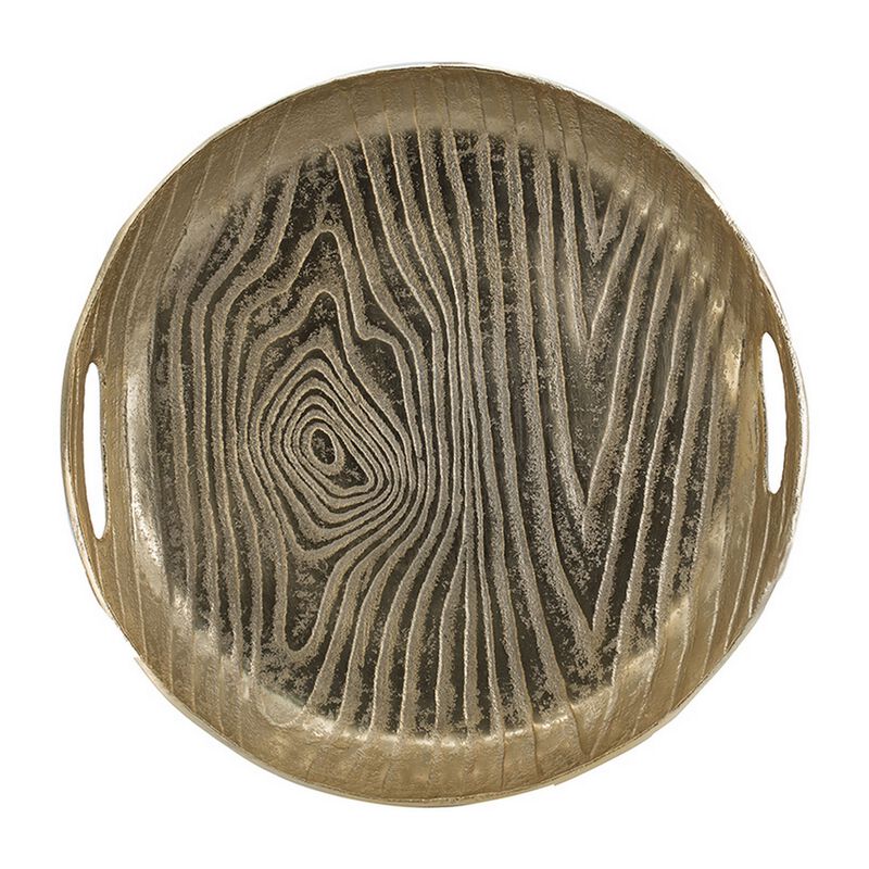 15 Inch Round Decorative Platter Tray, Sloped Rim, Texture Brass Gold  - Benzara
