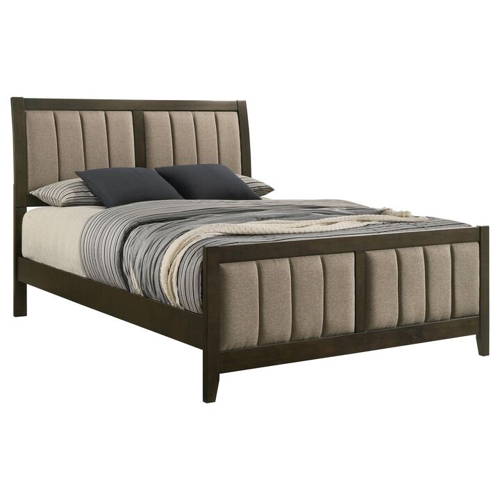 Wily Queen Size Bed, Channel Tufted Upholstered Headboard, Dark Brown - Benzara