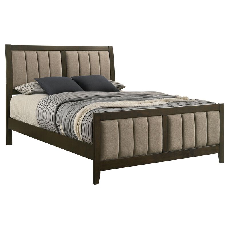 Wily Queen Size Bed, Channel Tufted Upholstered Headboard, Dark Brown - Benzara
