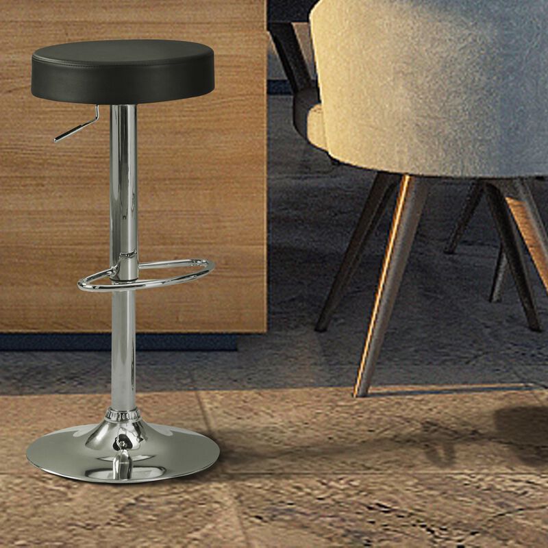 30 Inch Backless Adjustable Bar Stool, Black Vegan Faux Leather,Chrome Base-Benzara