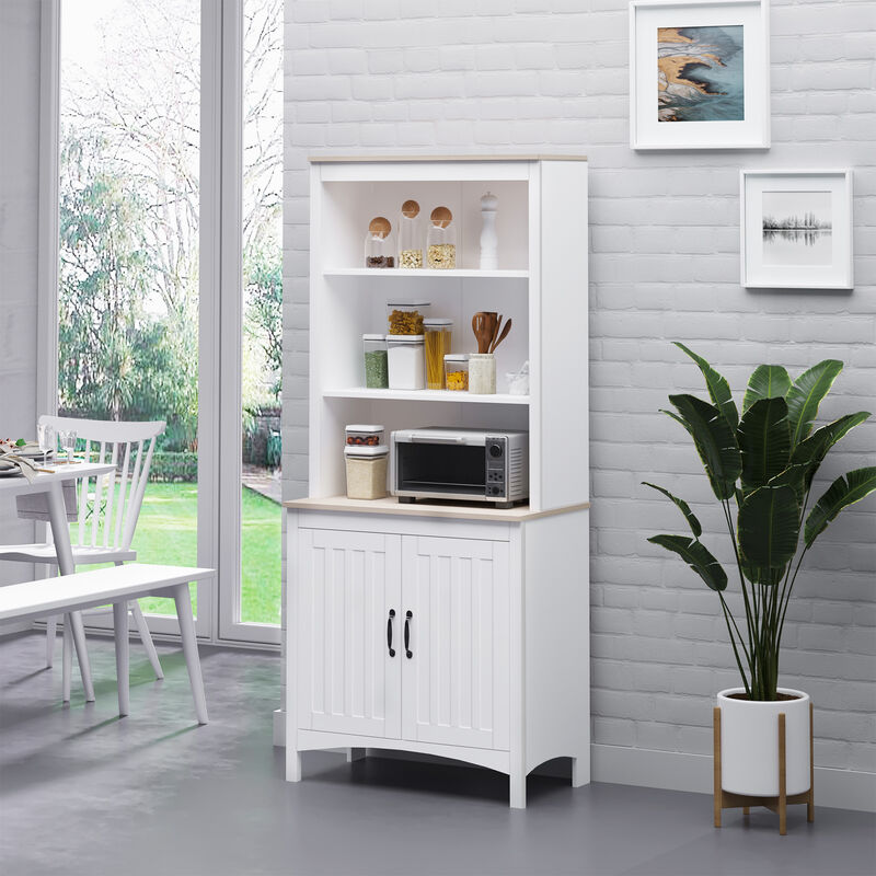 HOMCOM 70" Kitchen Hutch, Freestanding Storage Pantry Cabinet with 3-Tier Shelving, Sideboard with Adjustable Shelves and Open Countertop, White