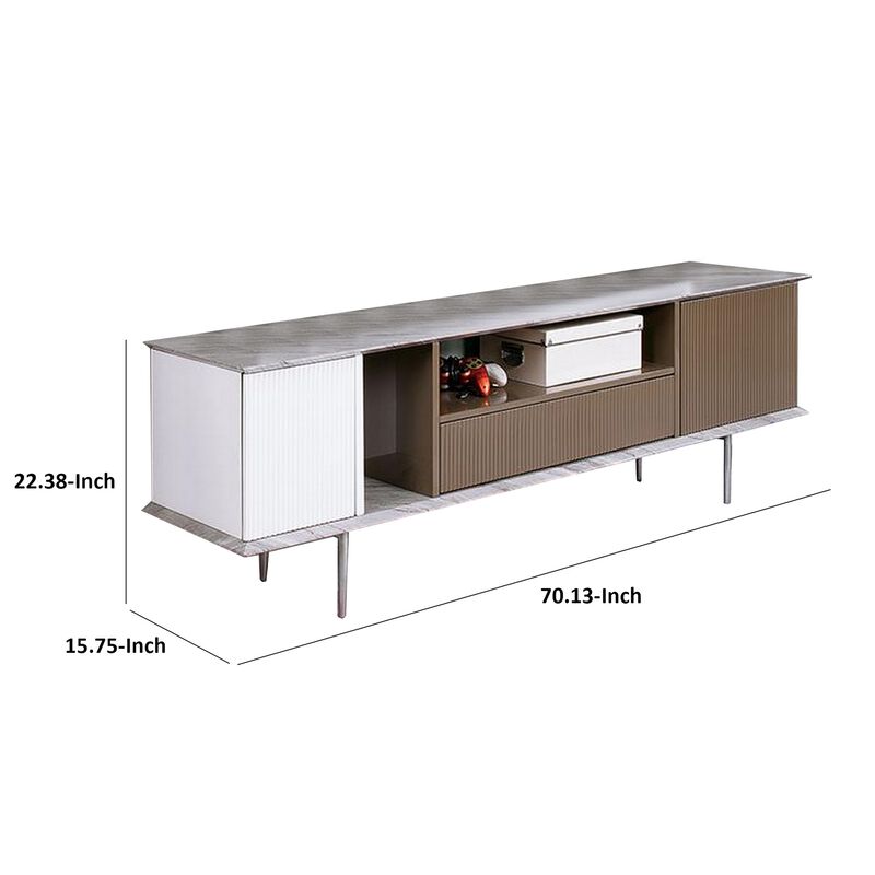 70 Inch TV Entertainment Console, 1 Drawer, Shelves, White, Brown, Gray - Benzara