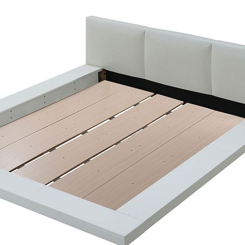 Wooden Queen Size Low Profile Bed with Padded Headboard, White-Benzara