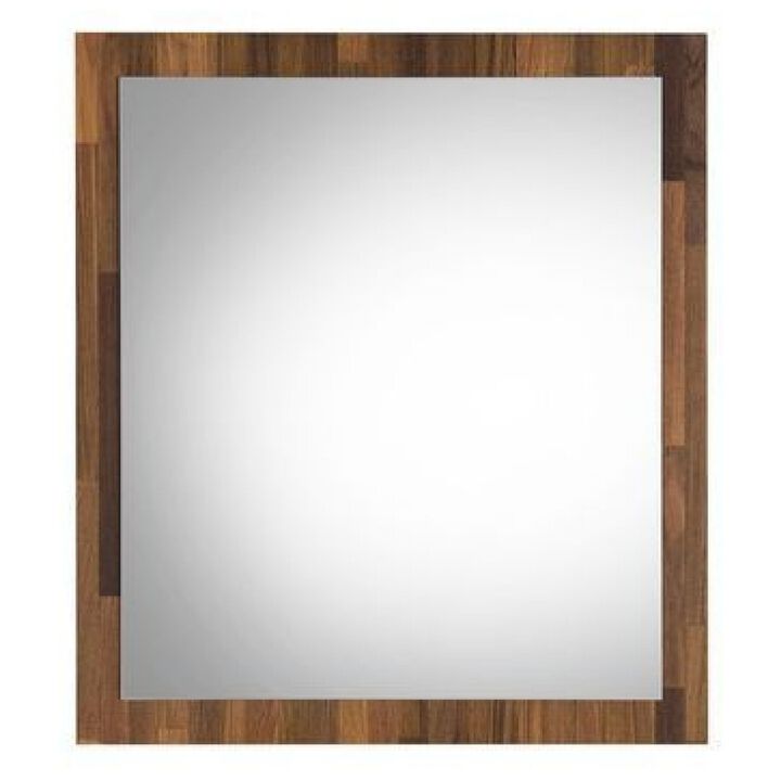 32 Inch Wall Mirror, Rectangular Portrait Plank Wood Frame, Walnut Brown-Benzara