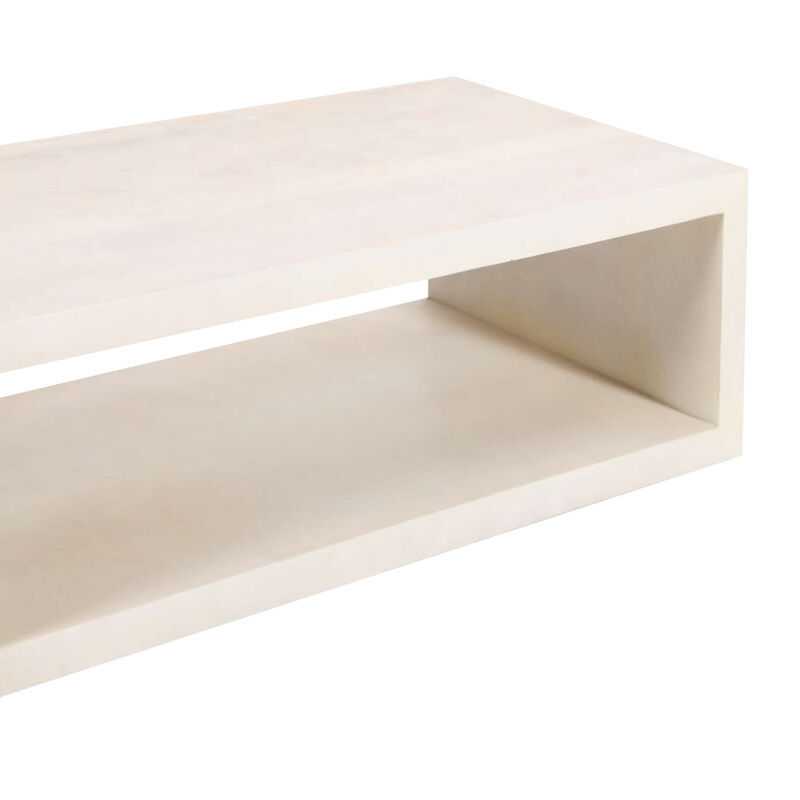 Keli Coffee Table, 58 Inch Minimalist Open Frame, Rustic Washed White Mango Wood