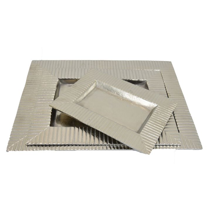 Nancy Tray Set of 3, Wavy Edges, Silver Metal Frames, Rectangular - Benzara