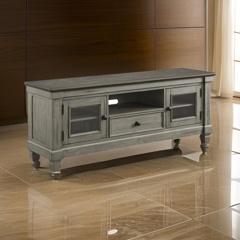 Rome 64 Inch TV Media Entertainment Console, Brown and Gray, Solid Wood - Benzara