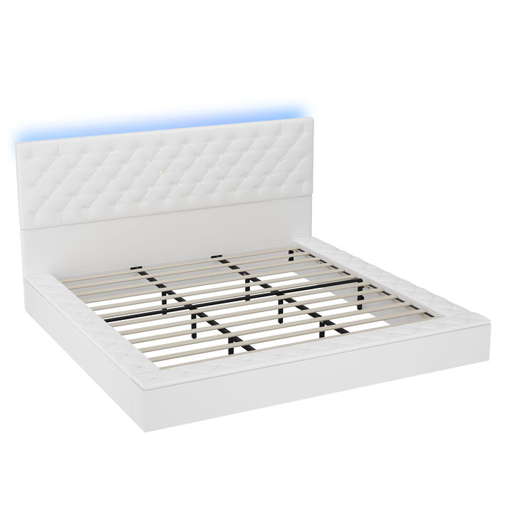 FUFU&GAGA White California King Wood Upholstered Bed with Storage,(90.9" W x 89.8" D x 40.2" H),White