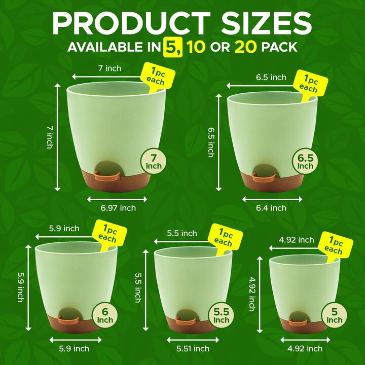 Campior Self-Watering Planters - 5 Size Indoor and Outdoor Plant Pots with Drainage Holes and Wick Rope, Plastic Pots for Succulents, Flowers, and Plants, (7”,6.5”,6”,5.5”,5” Inches), Pack of 5, Black