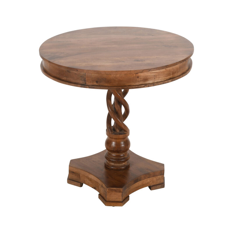 30 Inch Handcrafted Round Mango Wood Dinette, Artisanal Twisted Pedestal Base, Walnut Brown-Benzara