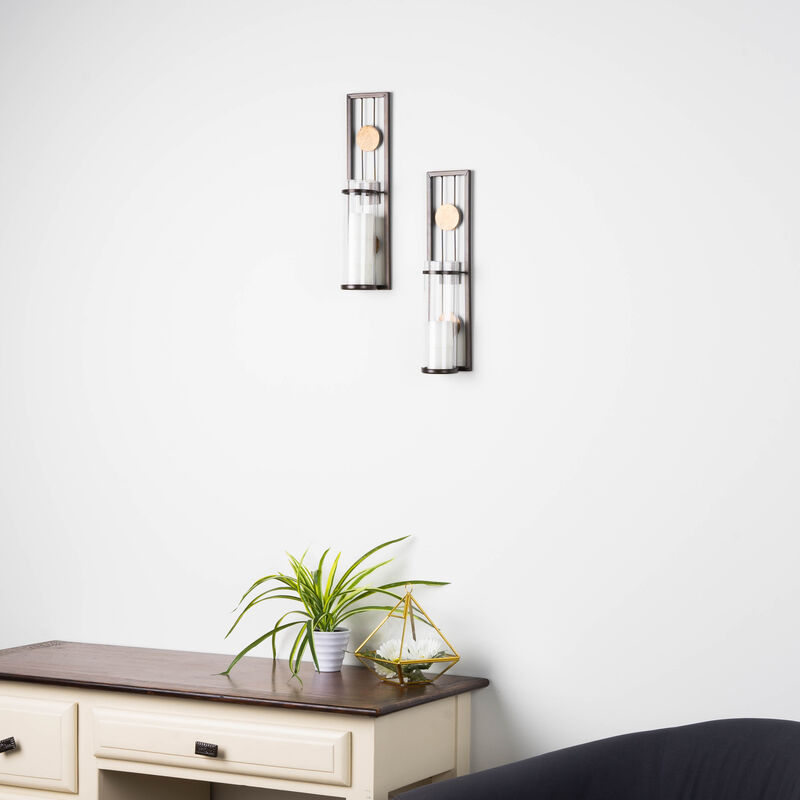 Set of Two Contemporary Metal Wall Sconces With Antique Patina Medallions