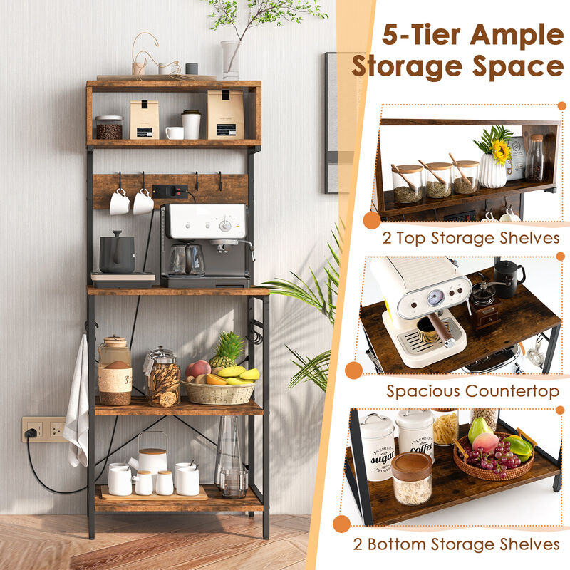 60 Inch Tall Microwave Stand with Open Shelves and 10 Hanging Hooks
