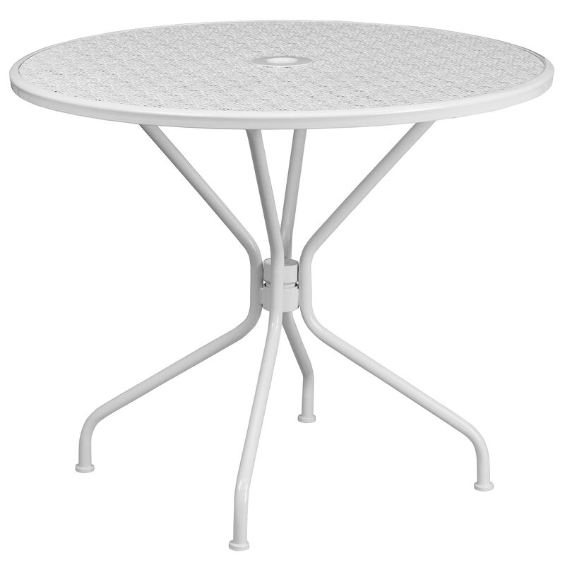Flash Furniture Commercial Grade 35.25" Round White Indoor-Outdoor Steel Patio Table Set with 2 Round Back Chairs