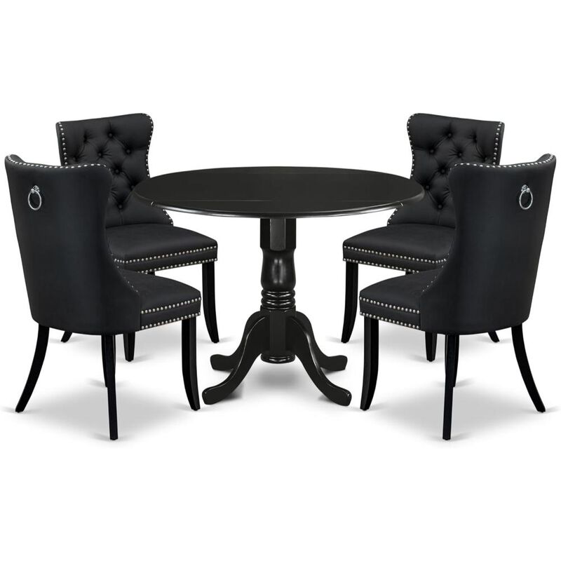 5 Piece Modern Dining Table Set Consists of a Round Kitchen Table with Dropleaf