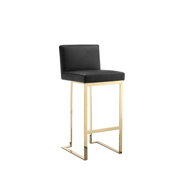 Boly 30 Inch Barstool Chair, Cushioned Black Faux Leather, Gold Cantilever - Benzara