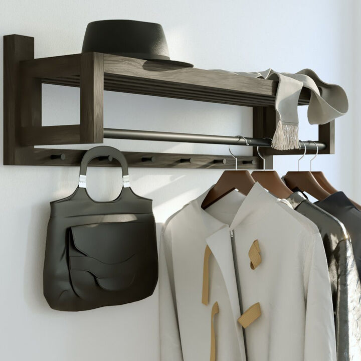 Black Finish Solid Hardwood Coat Rack - Black Metal Knobs & Hanger Bar