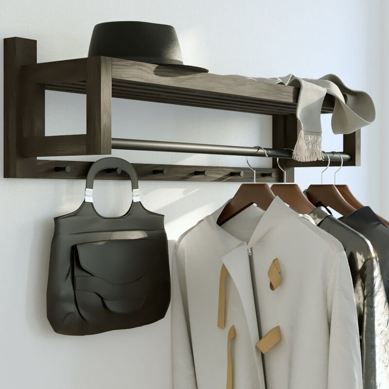 Black Finish Solid Hardwood Coat Rack - Black Metal Knobs & Hanger Bar