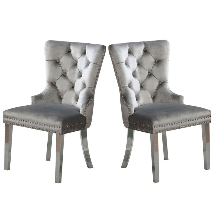 24 Inch Dining Side Chair Set of 2, Tufted Silver Gray Fabric, Chrome legs - Benzara