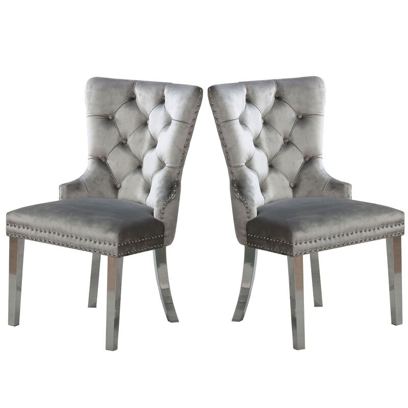 24 Inch Dining Side Chair Set of 2, Tufted Silver Gray Fabric, Chrome legs - Benzara