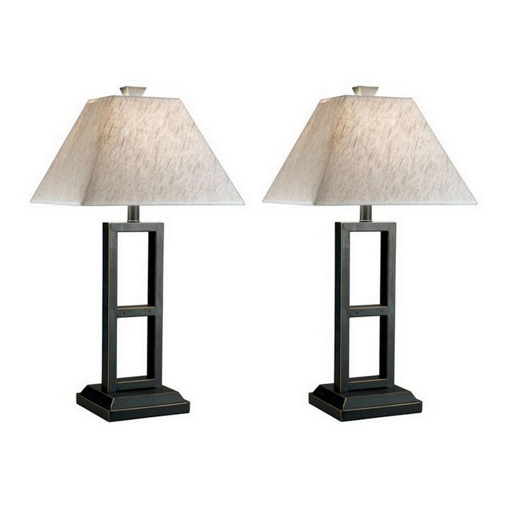 Geometric Metal Body Table Lamp with Fabric Shade, Set of 2,Black and White-Benzara
