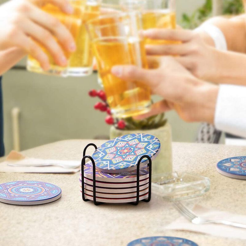 LIFVER 8 Packs Absorbent Drink Coaster Sets, Mandala Style Ceramic Coasters with Holder, 4 Inches Coasters for Drinks with Cork Base