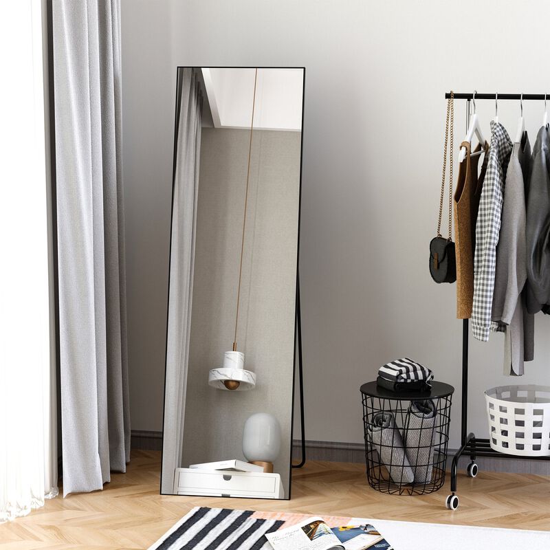 Black Dressing Mirror: Full-Length Aluminum Frame, Floor/Wall Mount