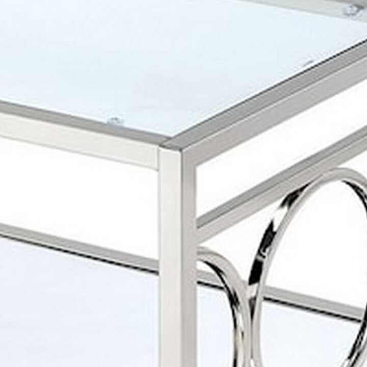 Paire 47 Inch Coffee Table, Glass Top, Mirrored Bottom Shelf, Metal Accents - Benzara