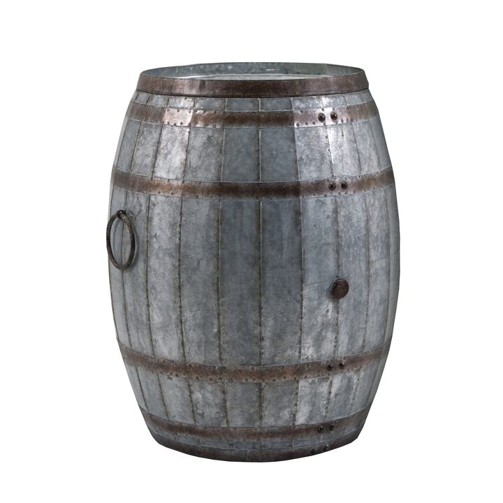 Drum Shape Metal Wine Storage Table with Removable Lid, Rustic Brown and Gray
