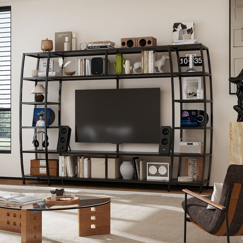 FUFU&GAGA 85.4" Black Metal Frame Bookcase with Open Shelves for TV Stand or Home Display (85.4" W x 13.8" D x 59" H),White