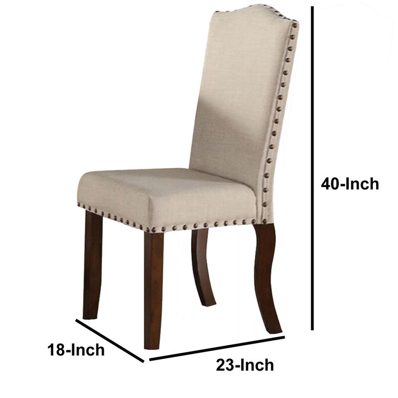 Rubber Wood Dining Chair With Nail Head Trim, Set Of 2, Brown And Cream-Benzara