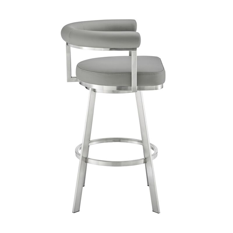 Weni 30 Inch Swivel Barstool Chair, Barrel Open Back, Light Gray, Steel - Benzara