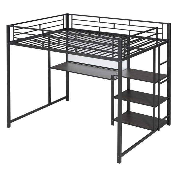 Full Size Loft Bed With Desk And Board, Metal Loft Bed With 3 Shelves And Ladder