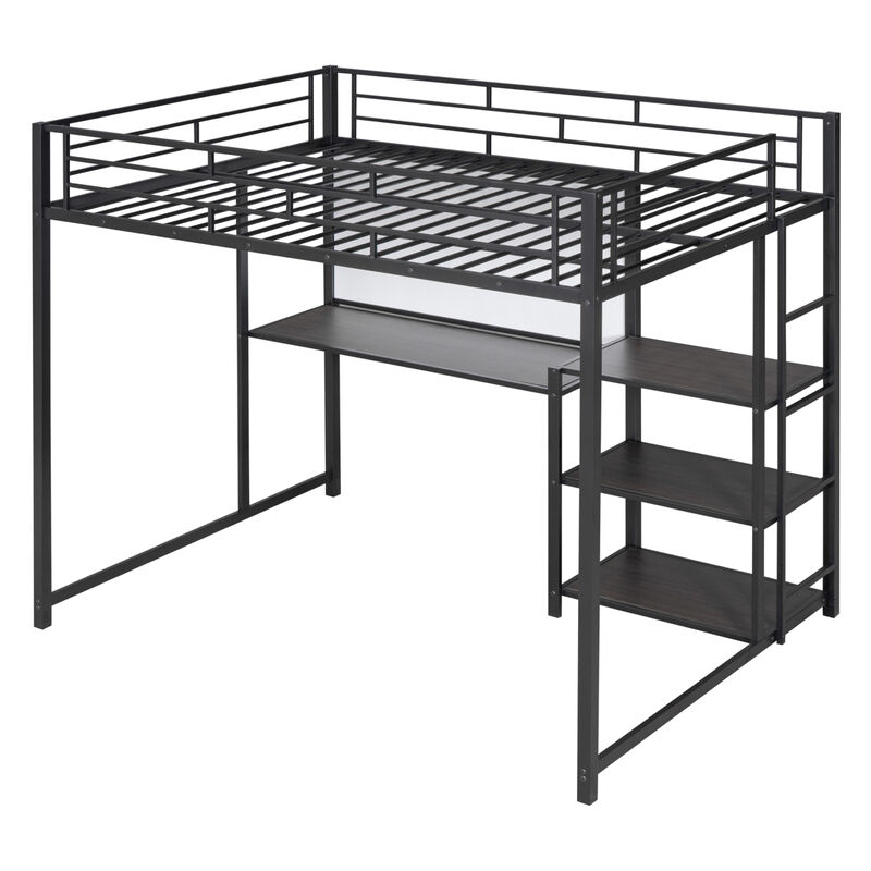 Full Size Loft Bed With Desk And Board, Metal Loft Bed With 3 Shelves And Ladder