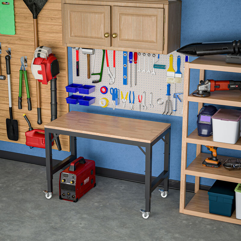 Heavy-Duty Workbench with Lockable Wheels, Hardwood Table for Garage & Workshop