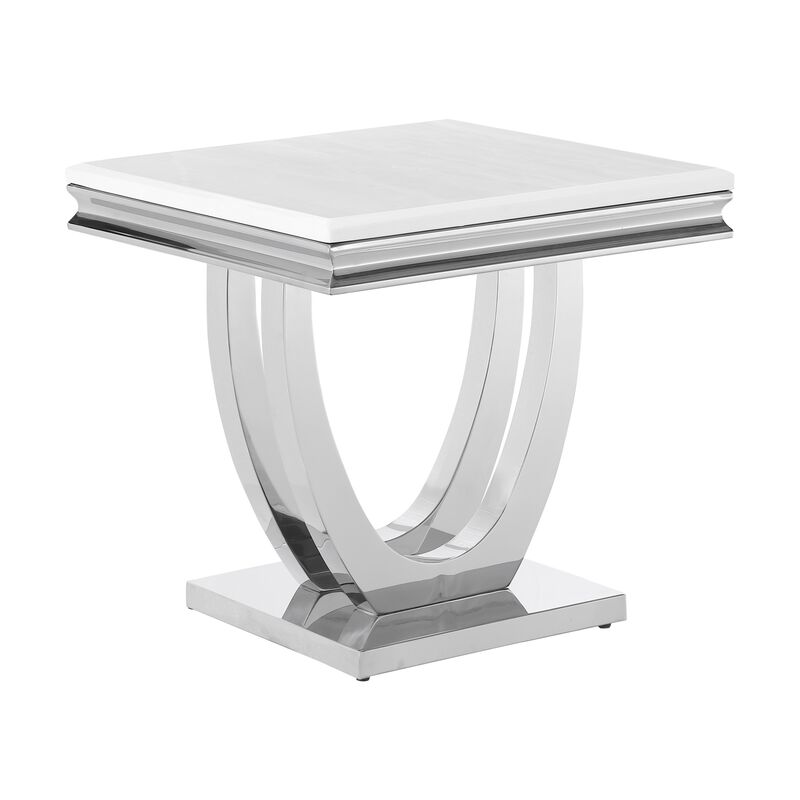 Kas 24 Inch Square End Table, White Stone Top, Polished Chrome Flush Base - Benzara
