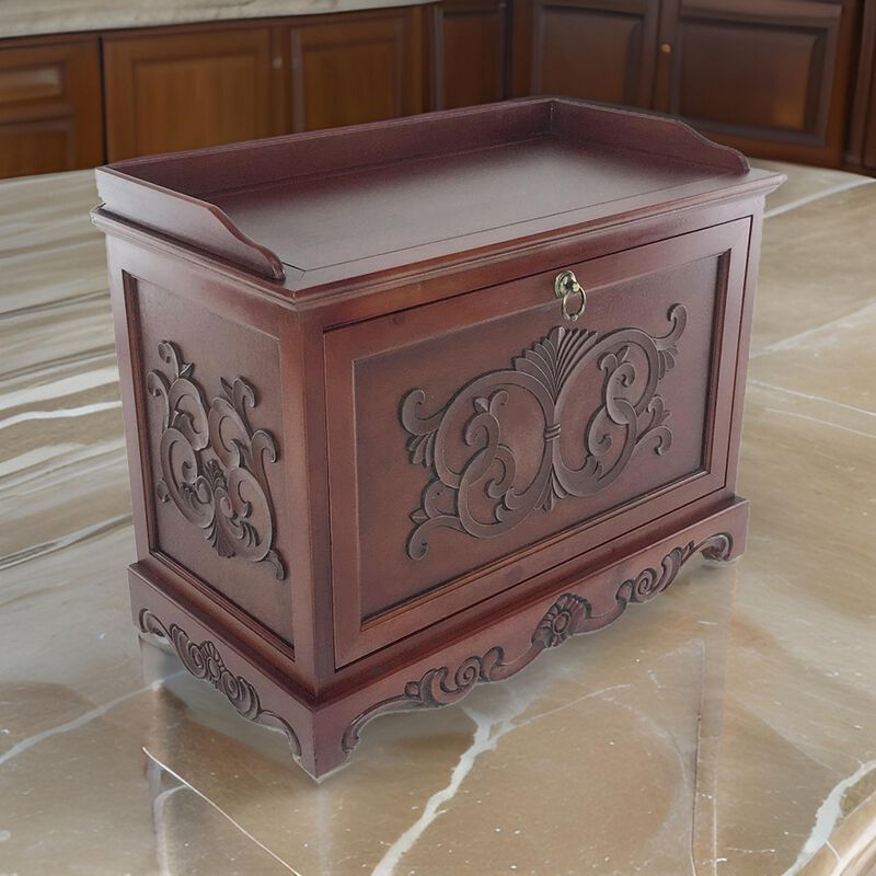 Engraved Wooden Shoe Cabinet with Drop Down Opening and Metal Hinges, Brown-Benzara