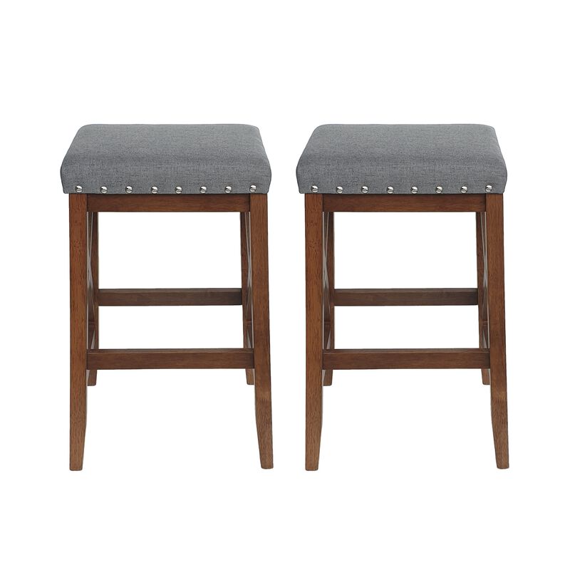 Arica Barstool Set of 2, Saddle Seat X-Cross Rubberwood, Charcoal Gray - Benzara