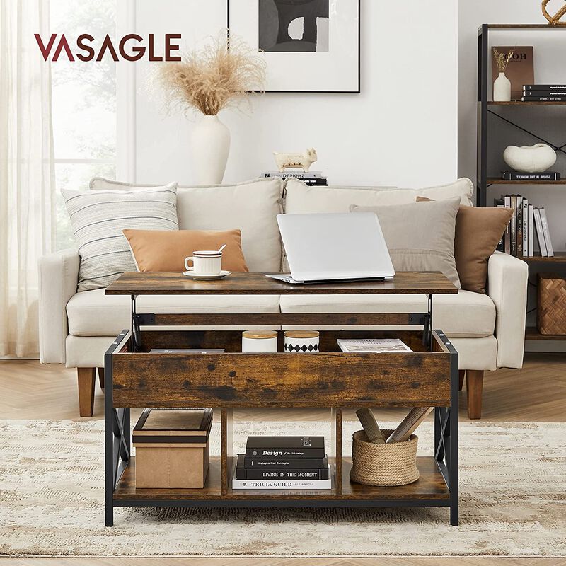 Modern Lift Top Coffee Table - Hidden & Open Compartments with X-Shaped Steel Frame