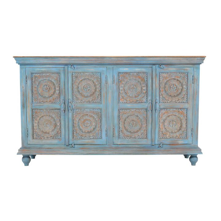 Jofran 71" Solid Wood Boho Distressed Sideboard Cabinet with Artisan Carved Doors