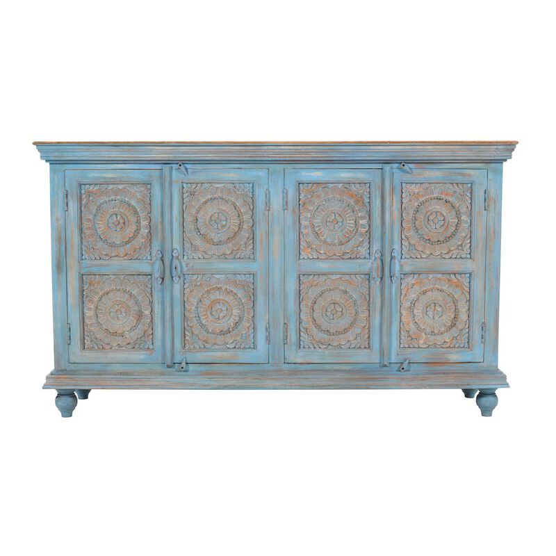 Jofran 71" Solid Wood Boho Distressed Sideboard Cabinet with Artisan Carved Doors