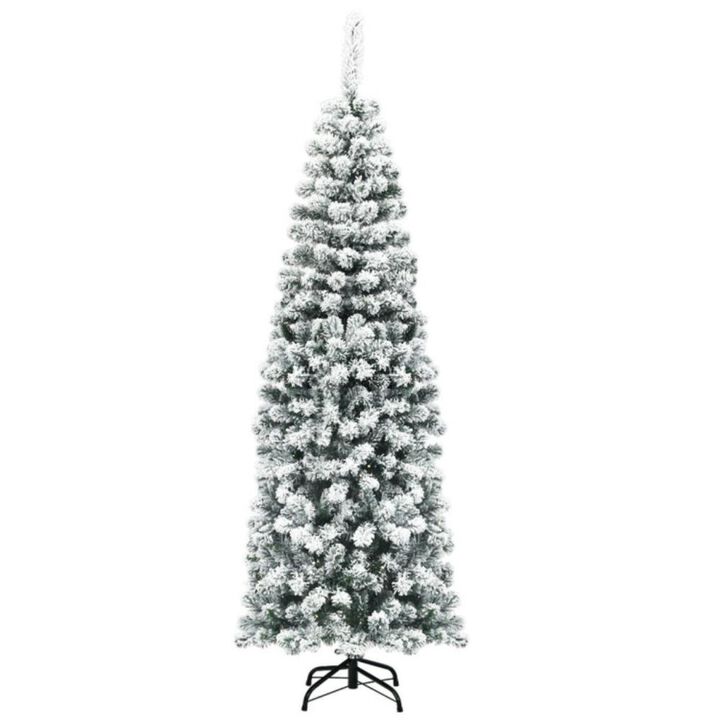 Hivvago 6 Feet Unlit Hinged Snow Flocked Artificial Pencil Christmas Tree with 500 Branch Tip